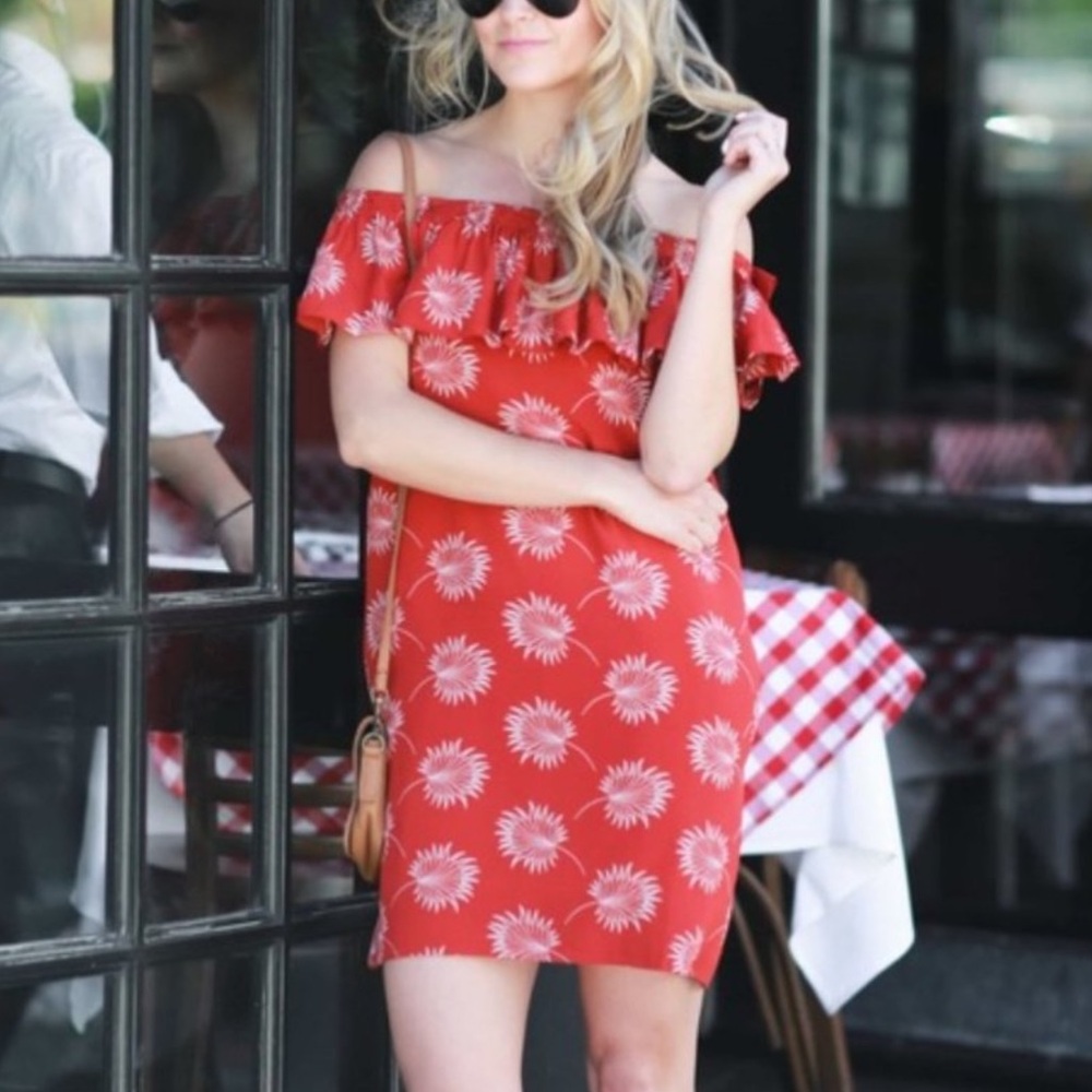 Madewell‎ Off The Shoulder 100% Silk Red Dress Palm Leaves Vacation Resort NEW